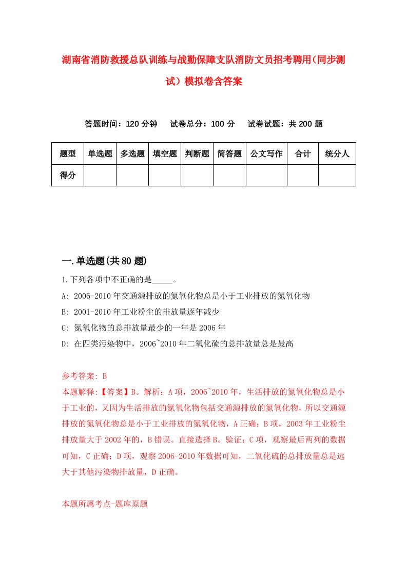 湖南省消防救援总队训练与战勤保障支队消防文员招考聘用同步测试模拟卷含答案4