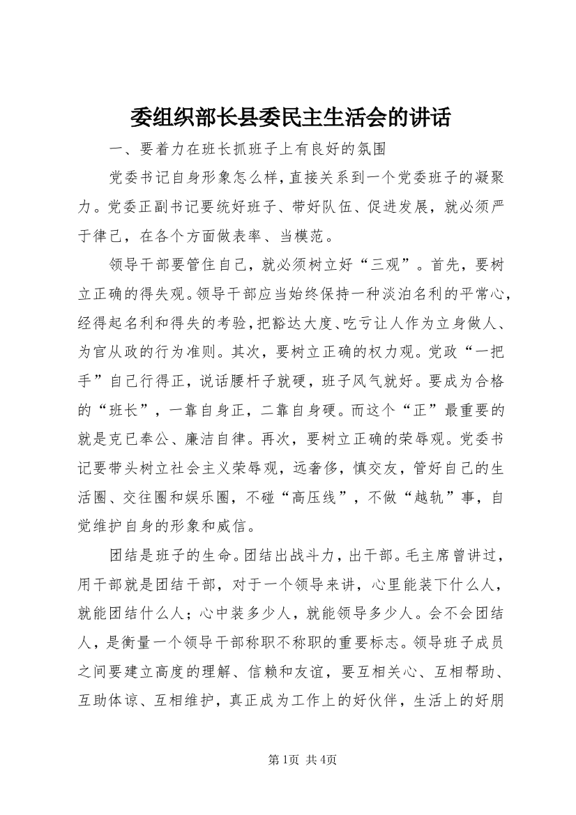 委组织部长县委民主生活会的讲话