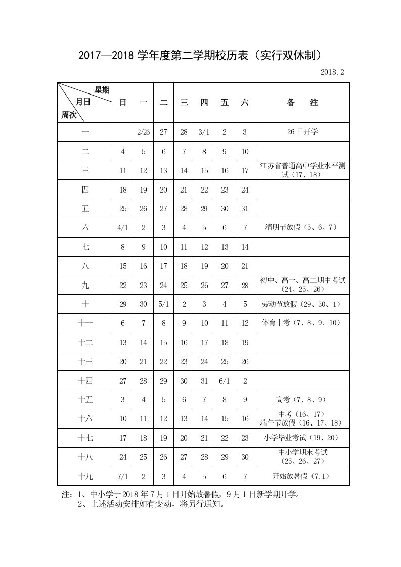 2017—2018学年度第二学期校历表（实行双休制）