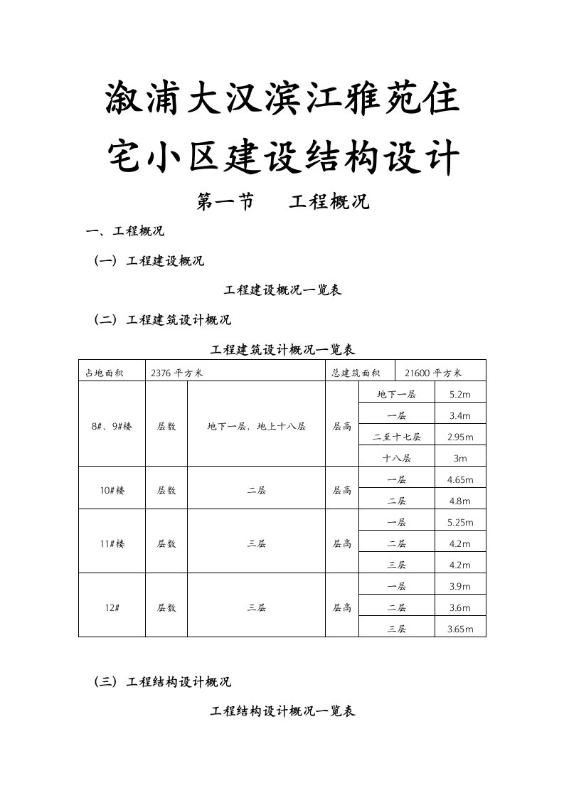 溆浦大汉滨江雅苑住宅小区建设结构设计