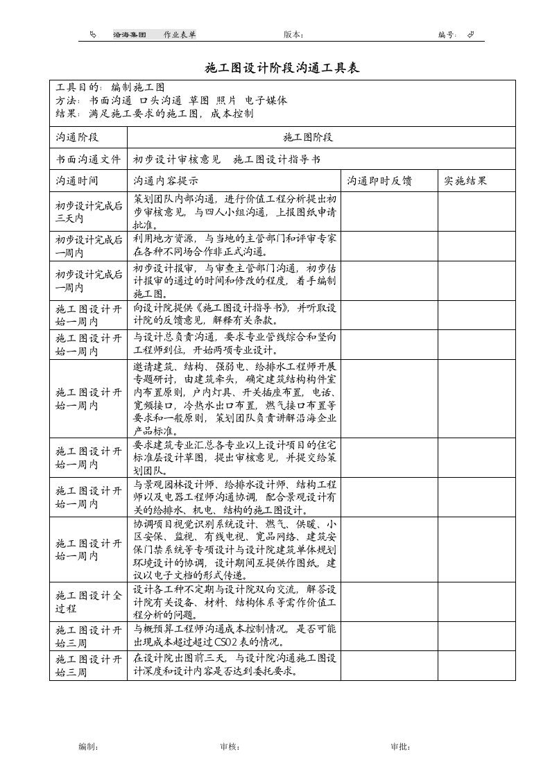 施工图设计阶段沟通工具表