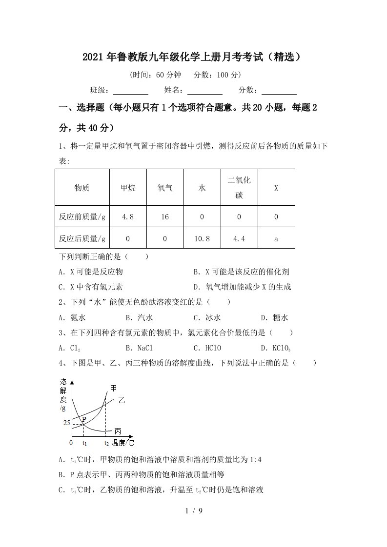 2021年鲁教版九年级化学上册月考考试精选