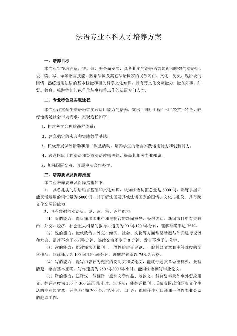 法语专业本科人才培养方案