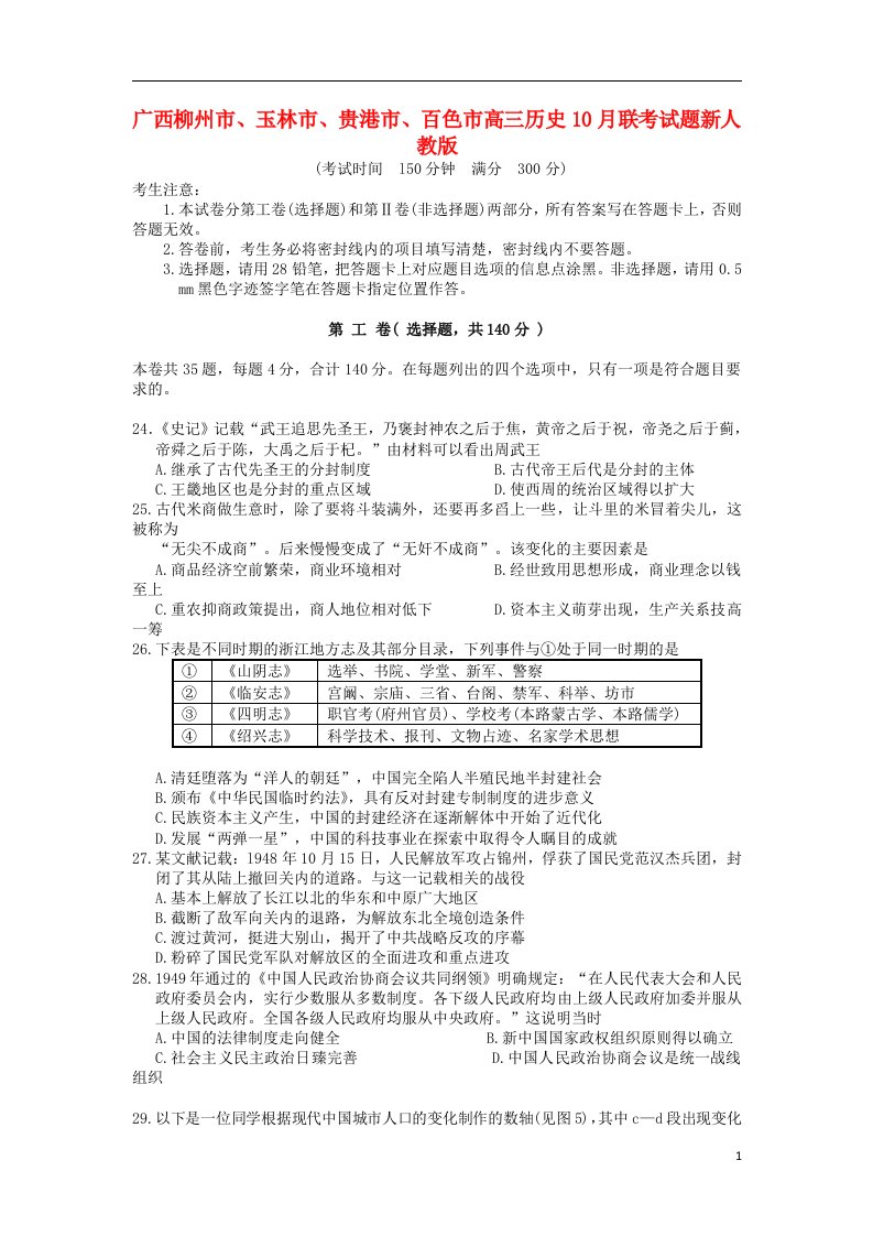 广西柳州市、玉林市、贵港市、百色市高三历史10月联考试题新人教版