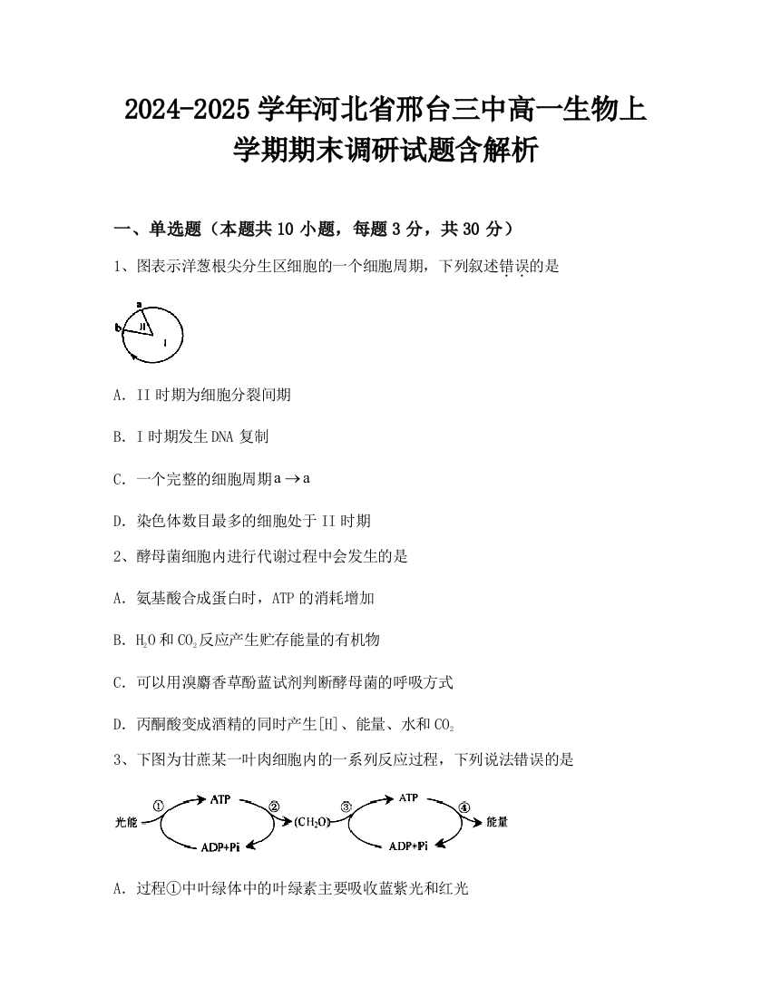 2024-2025学年河北省邢台三中高一生物上学期期末调研试题含解析