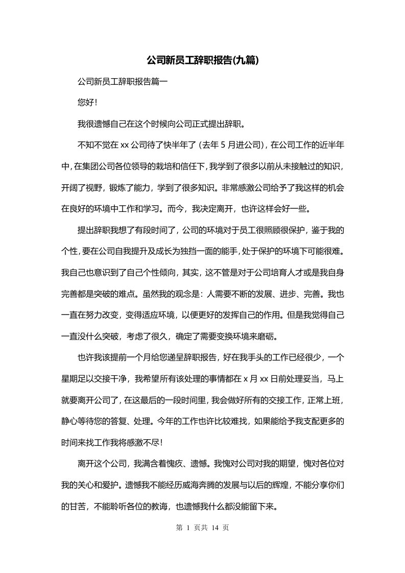 公司新员工辞职报告九篇