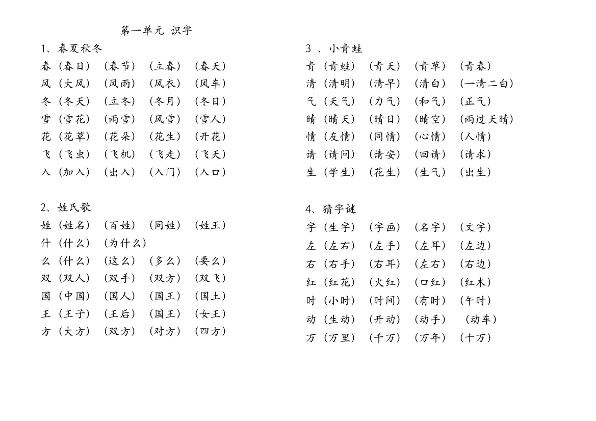 (完整word版)语文人教版一年级下册生字表