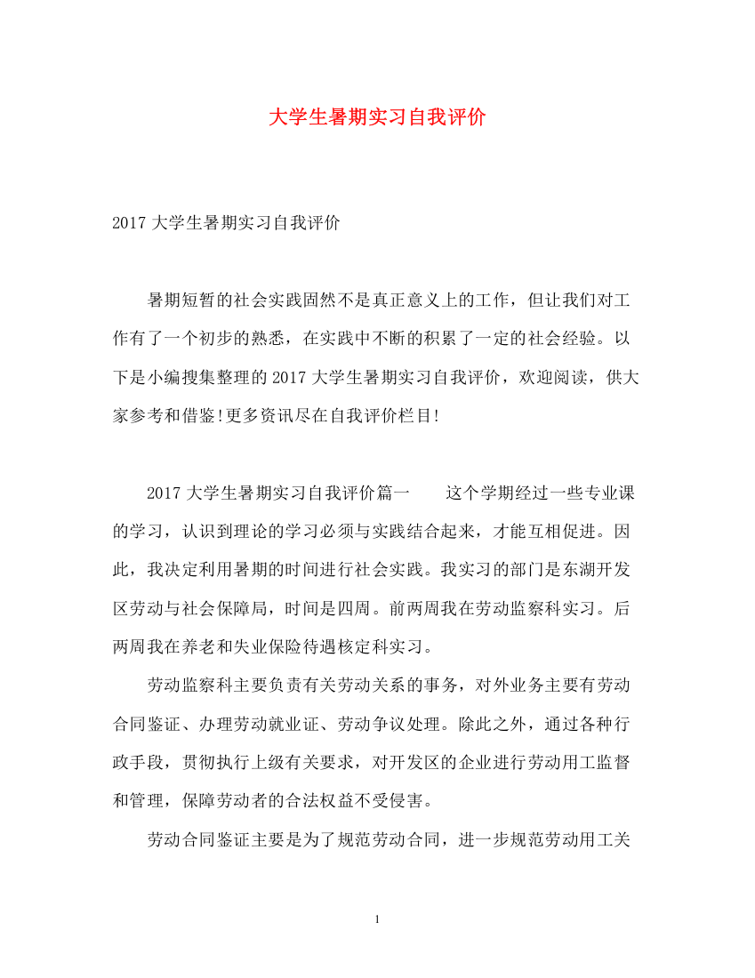 精编之大学生暑期实习自我评价