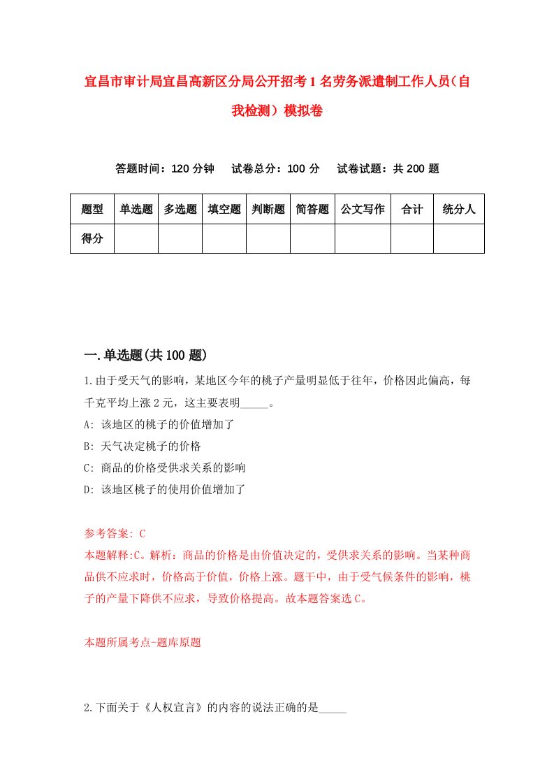 宜昌市审计局宜昌高新区分局公开招考1名劳务派遣制工作人员自我检测模拟卷3