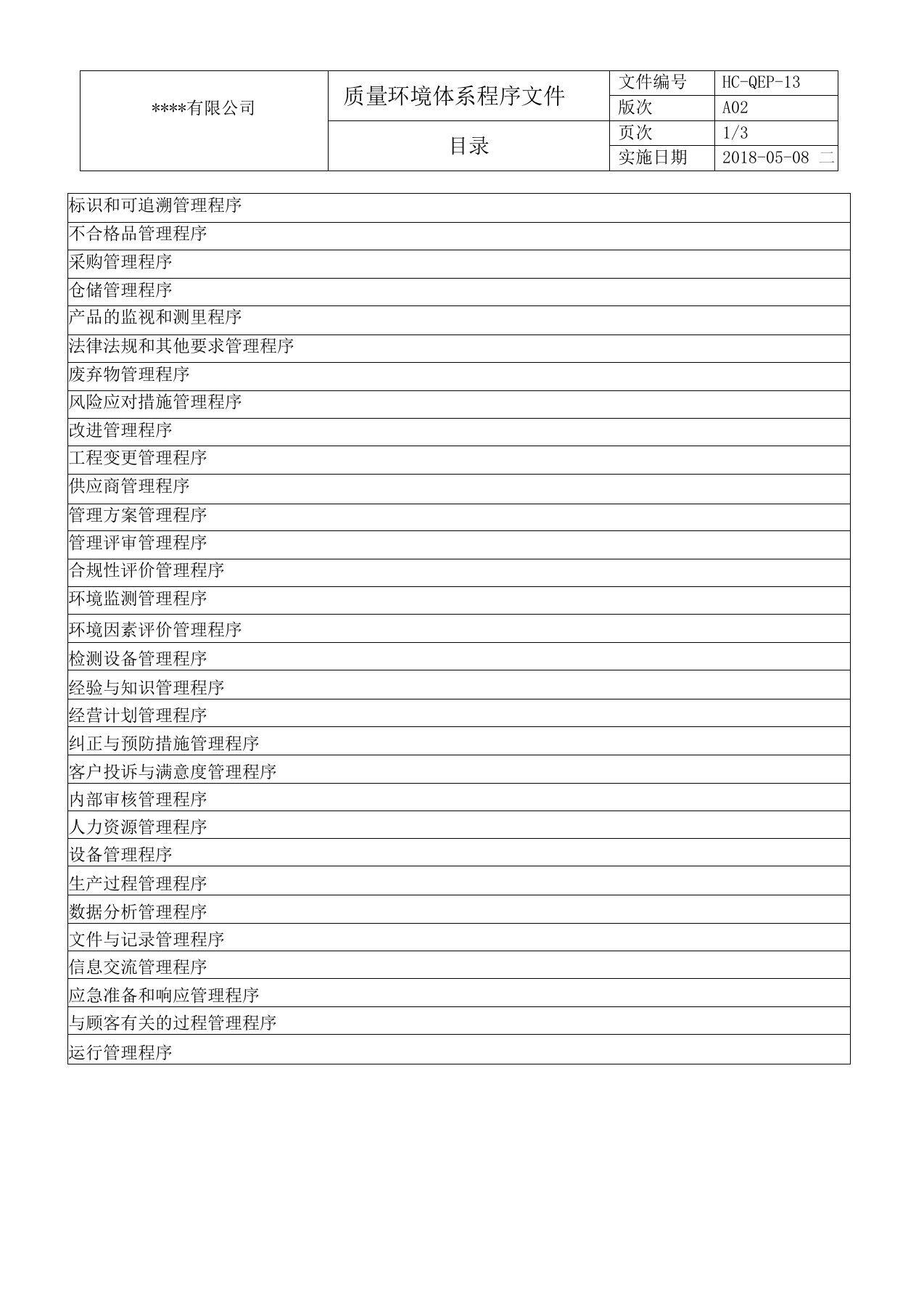 新版ISO9001和ISO14001二合一质量环境管理程序(31个程序文件)