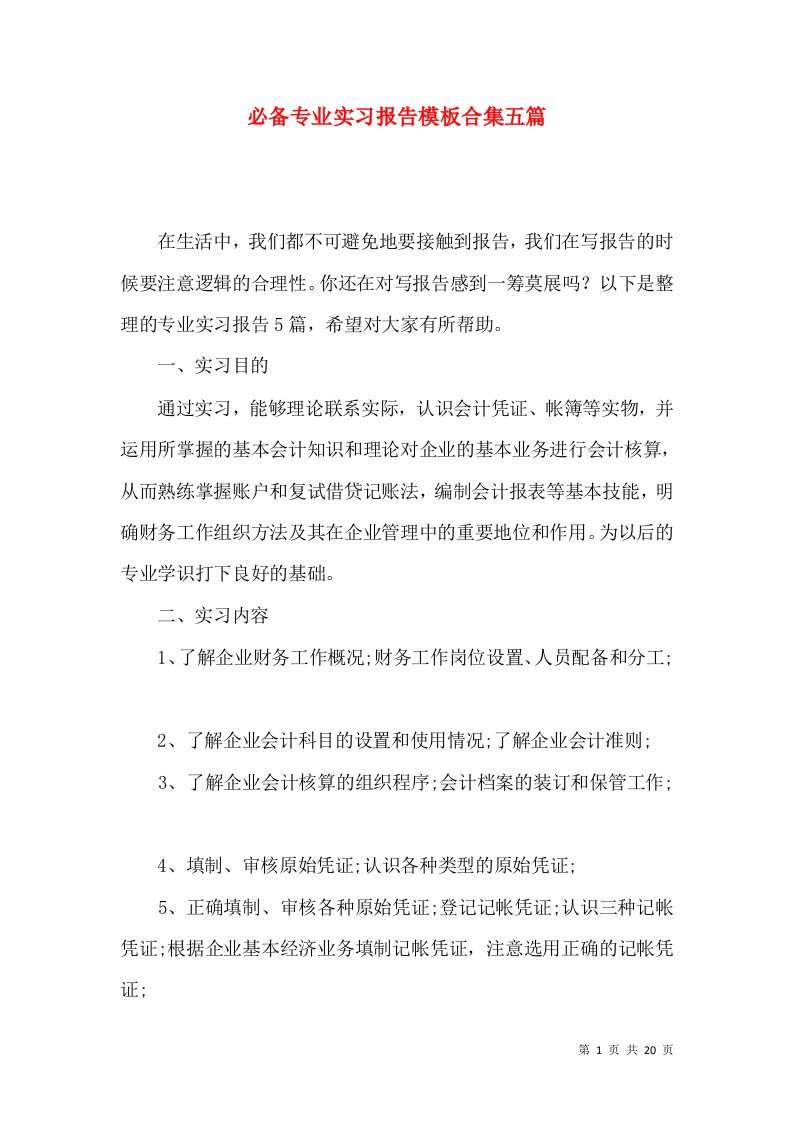 必备专业实习报告模板合集五篇