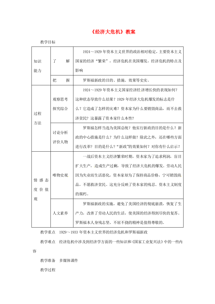 河南省安阳市第九中学九年级历史下册《经济大危机》教案2