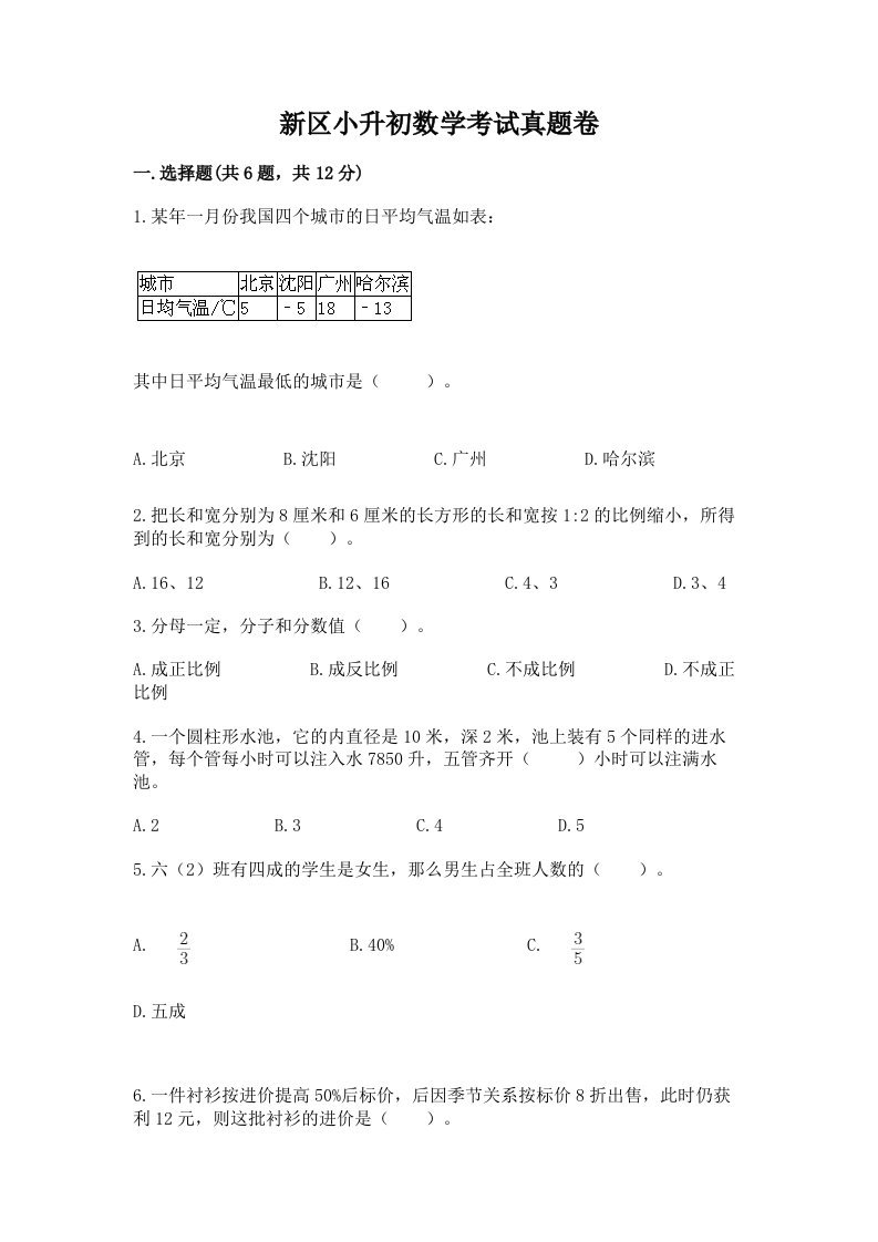 新区小升初数学考试真题卷新版