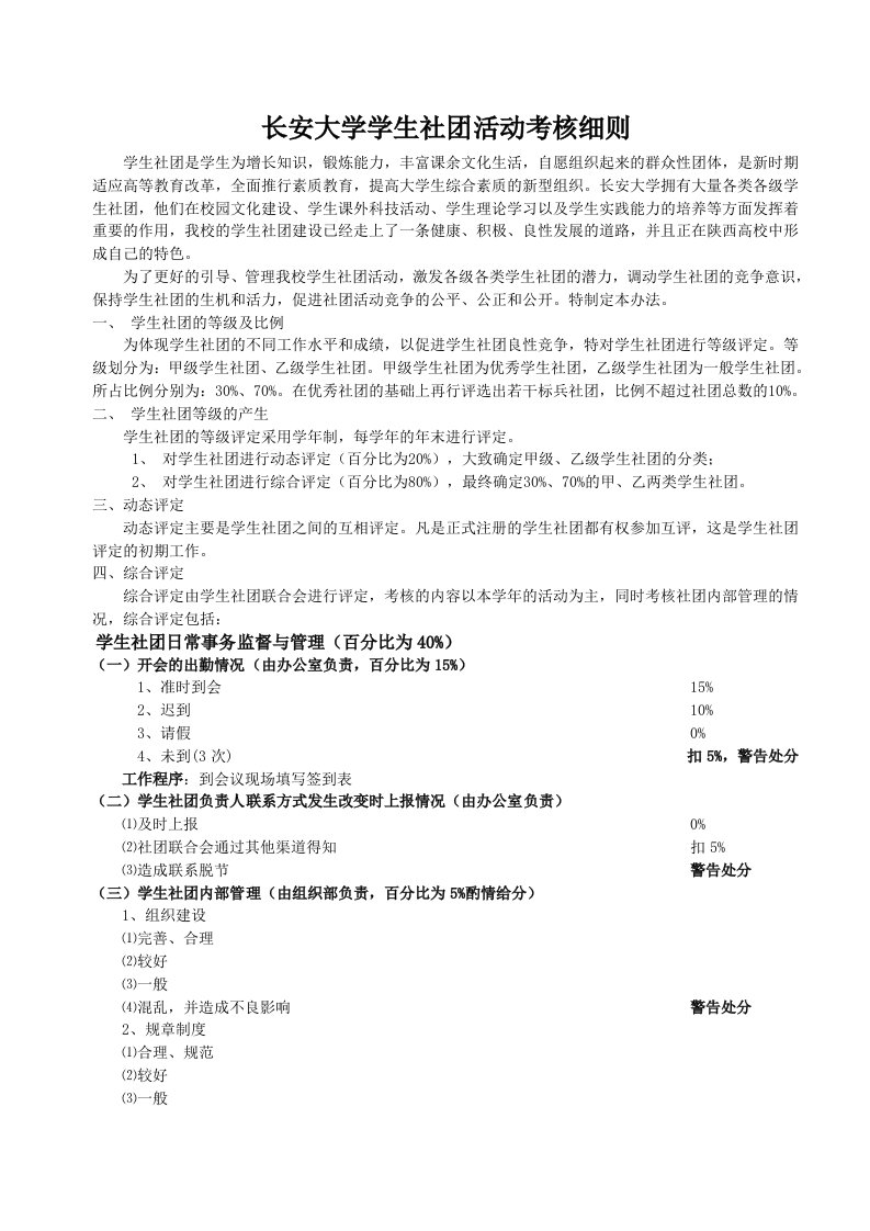 长安大学学生社团活动考核细则