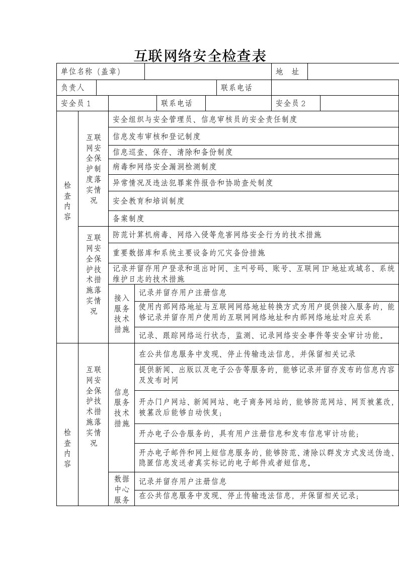 互联网络安全检查表