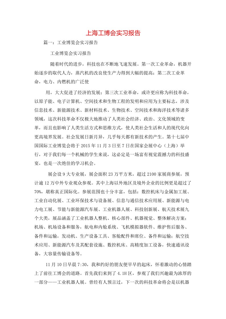 工作报告-上海工博会实习报告