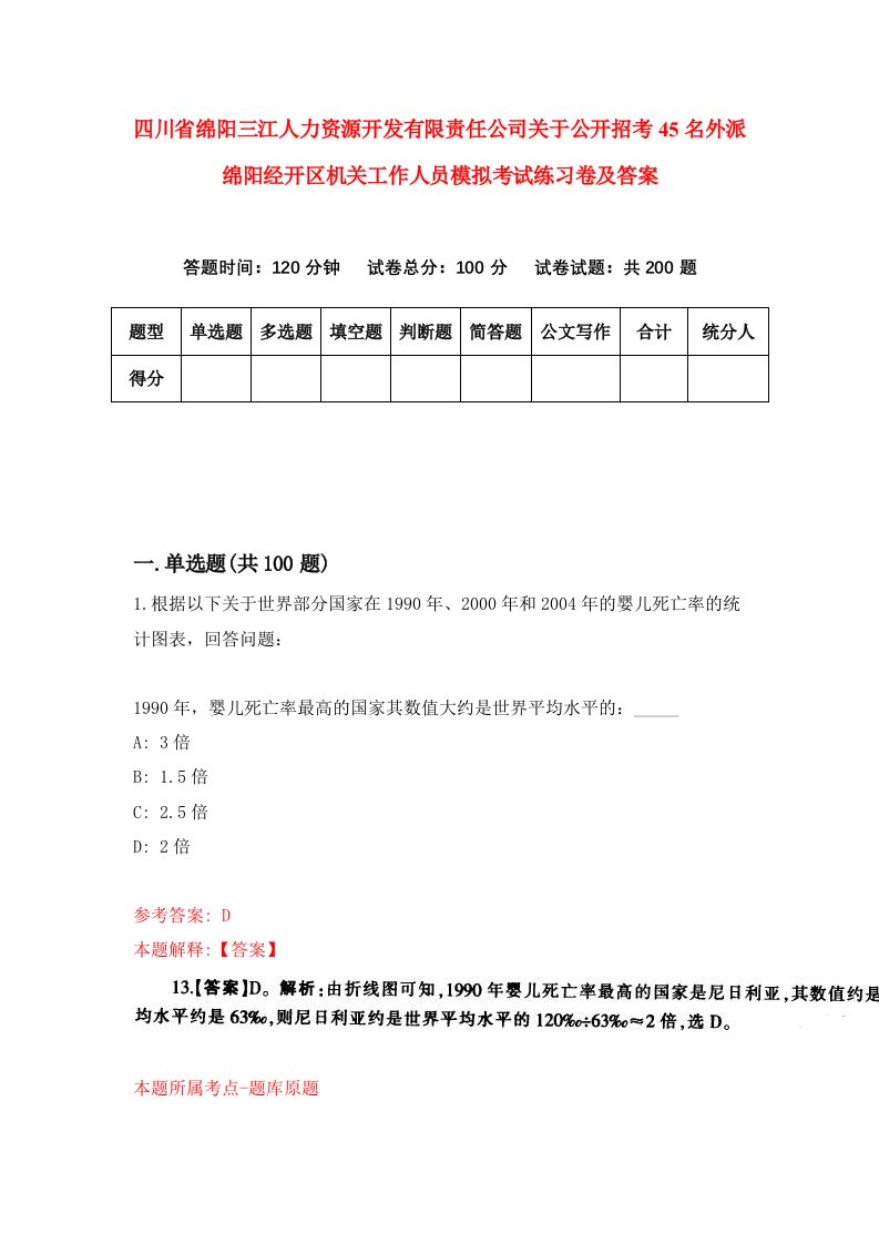 四川省绵阳三江人力资源开发有限责任公司关于公开招考45名外派绵阳经开区机关工作人员模拟考试练习卷及答案第4卷