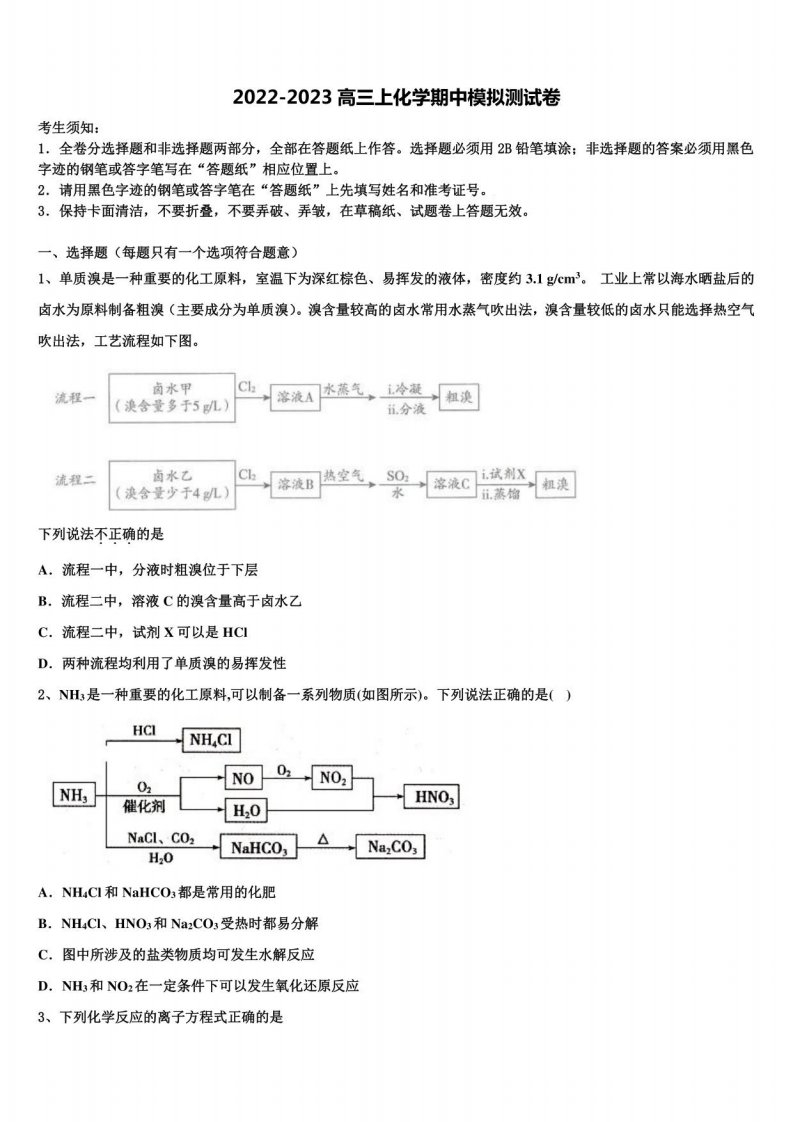 福建厦门双十中学2022-2023学年化学高三上期中调研模拟试题（含解析）