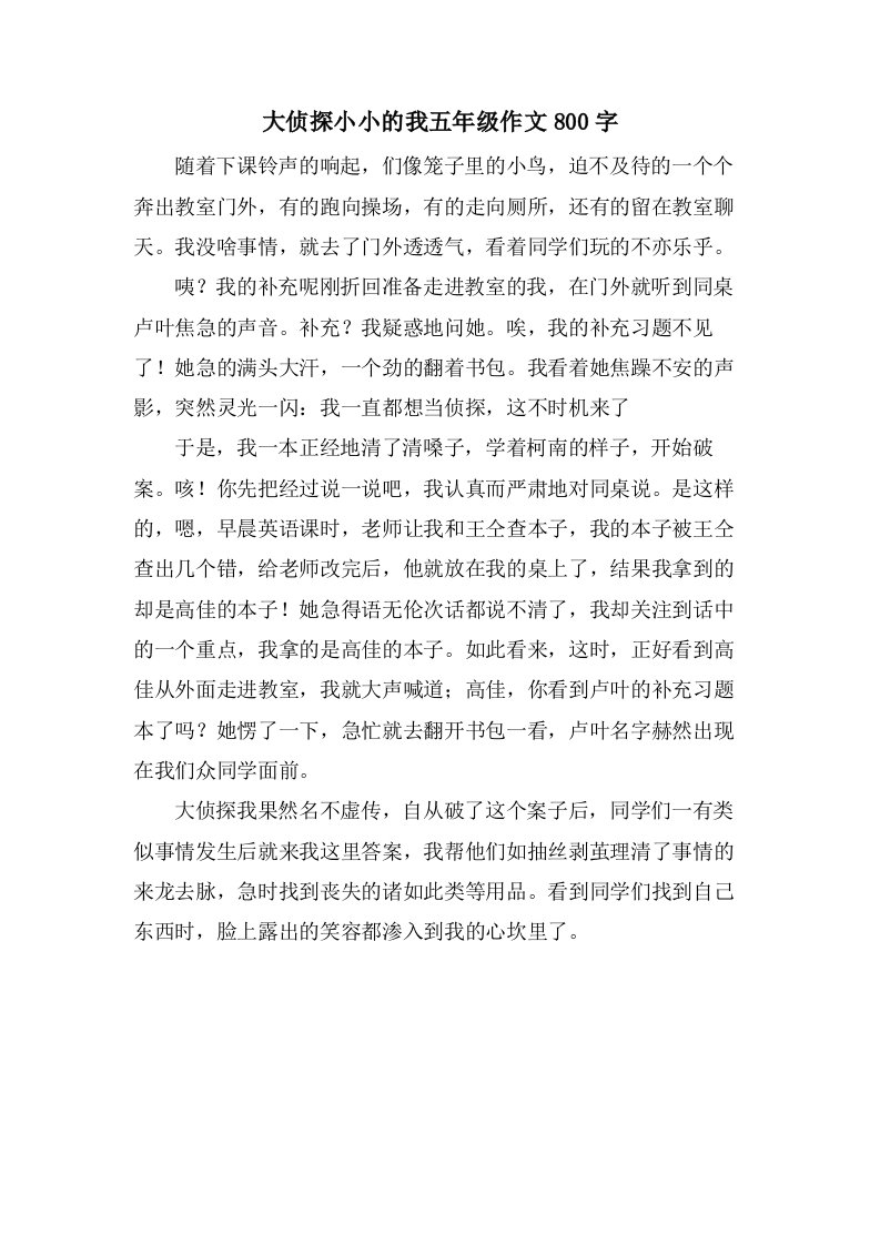 大侦探小小的我五年级作文800字