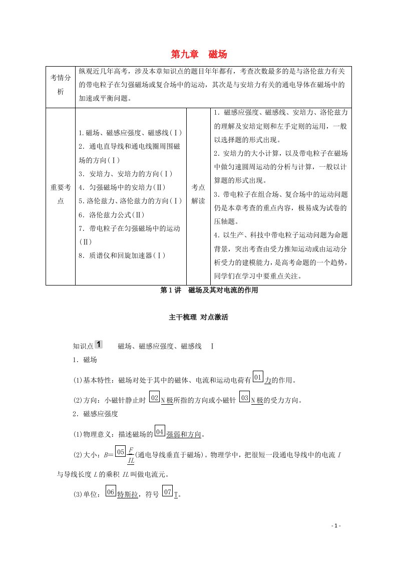 2021年高考物理一轮复习第9章磁场第1讲磁场及其对电流的作用学案