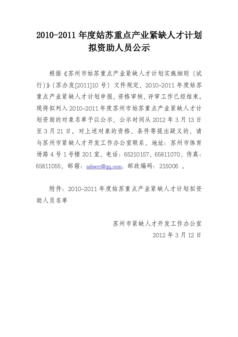 2010-2011年度姑苏重点产业紧缺人才计划拟资助人员公示