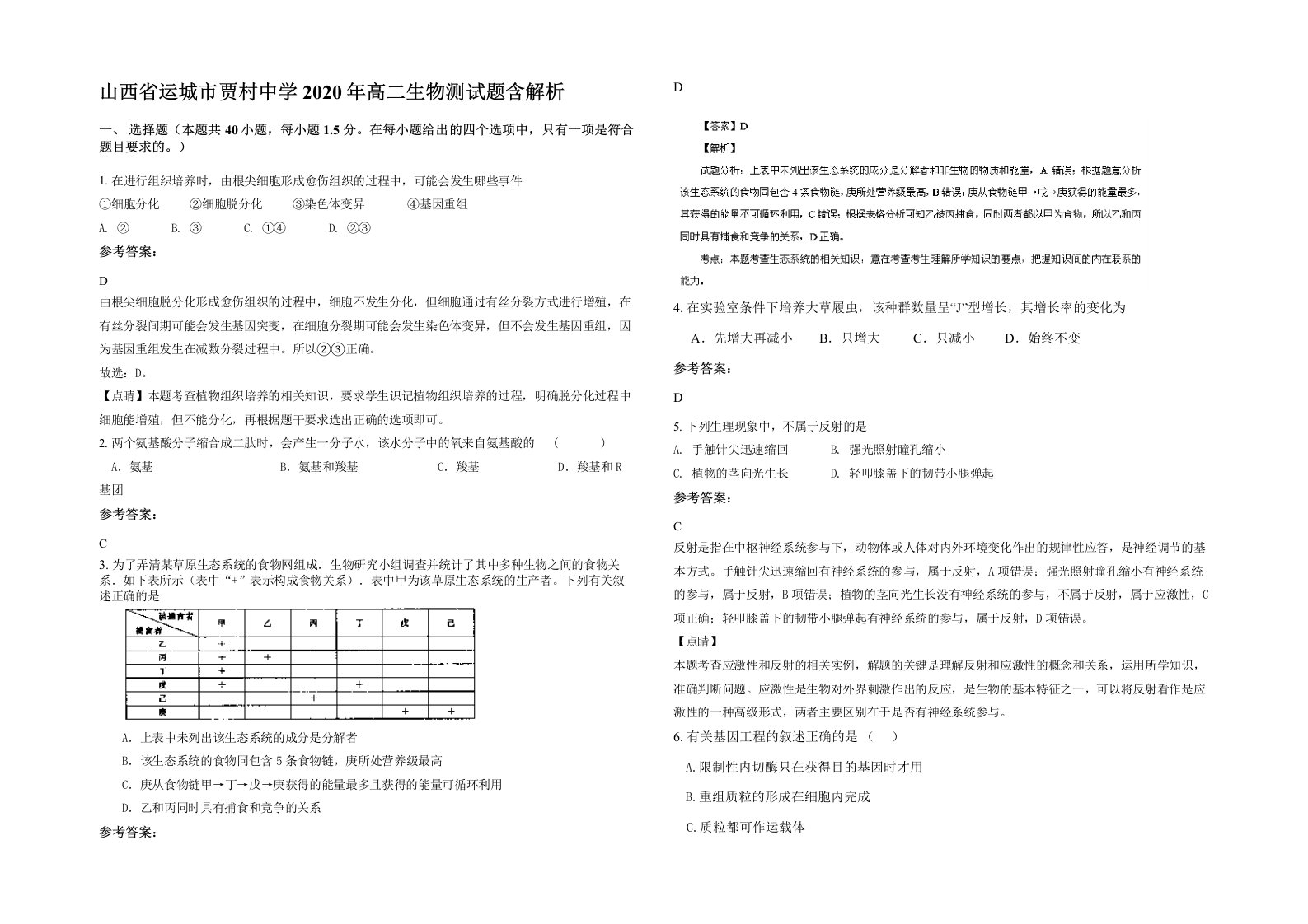 山西省运城市贾村中学2020年高二生物测试题含解析