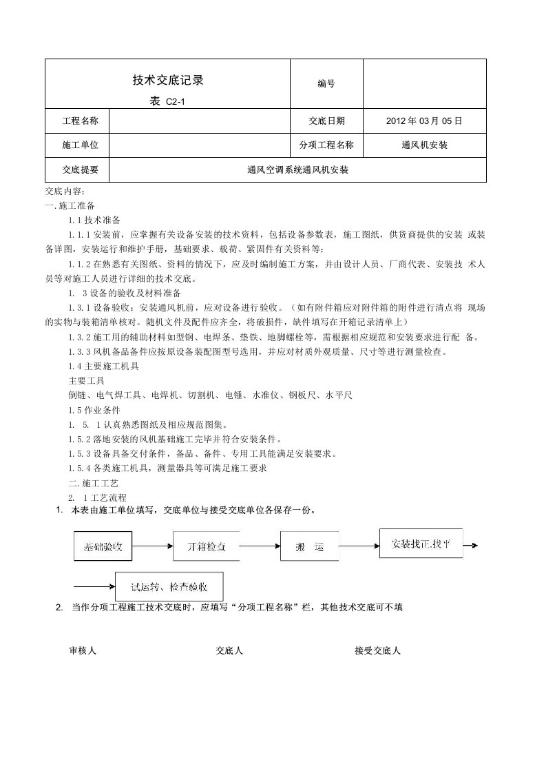 通风机安装技术交底