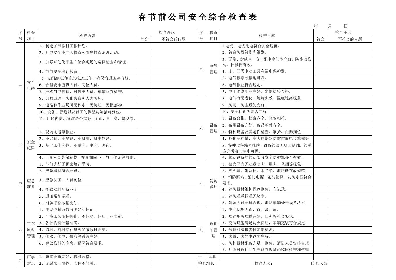 春节前公司安全综合检查表