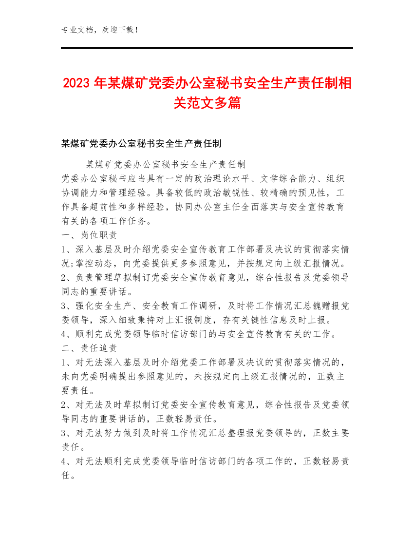 2023年某煤矿党委办公室秘书安全生产责任制范文多篇