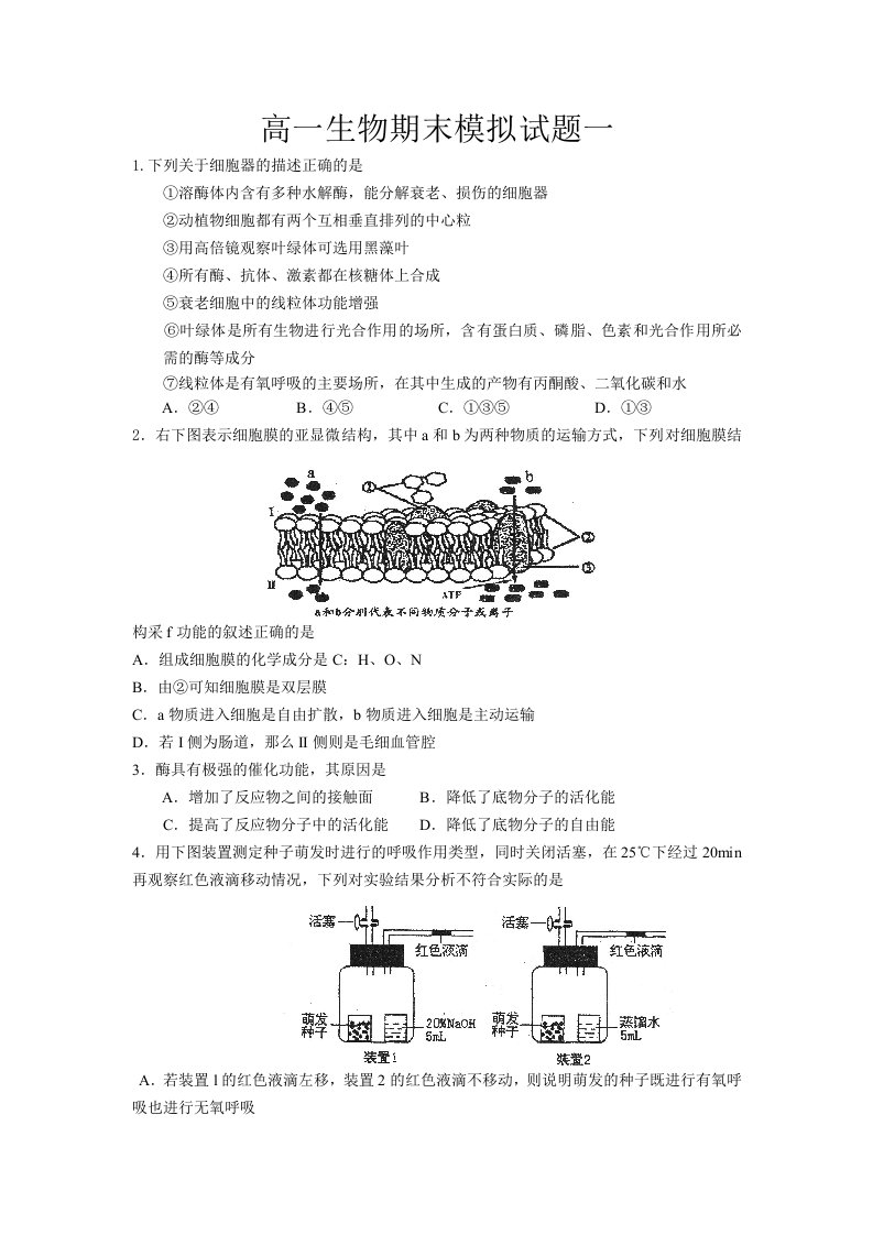 高一生物期末模拟试题一