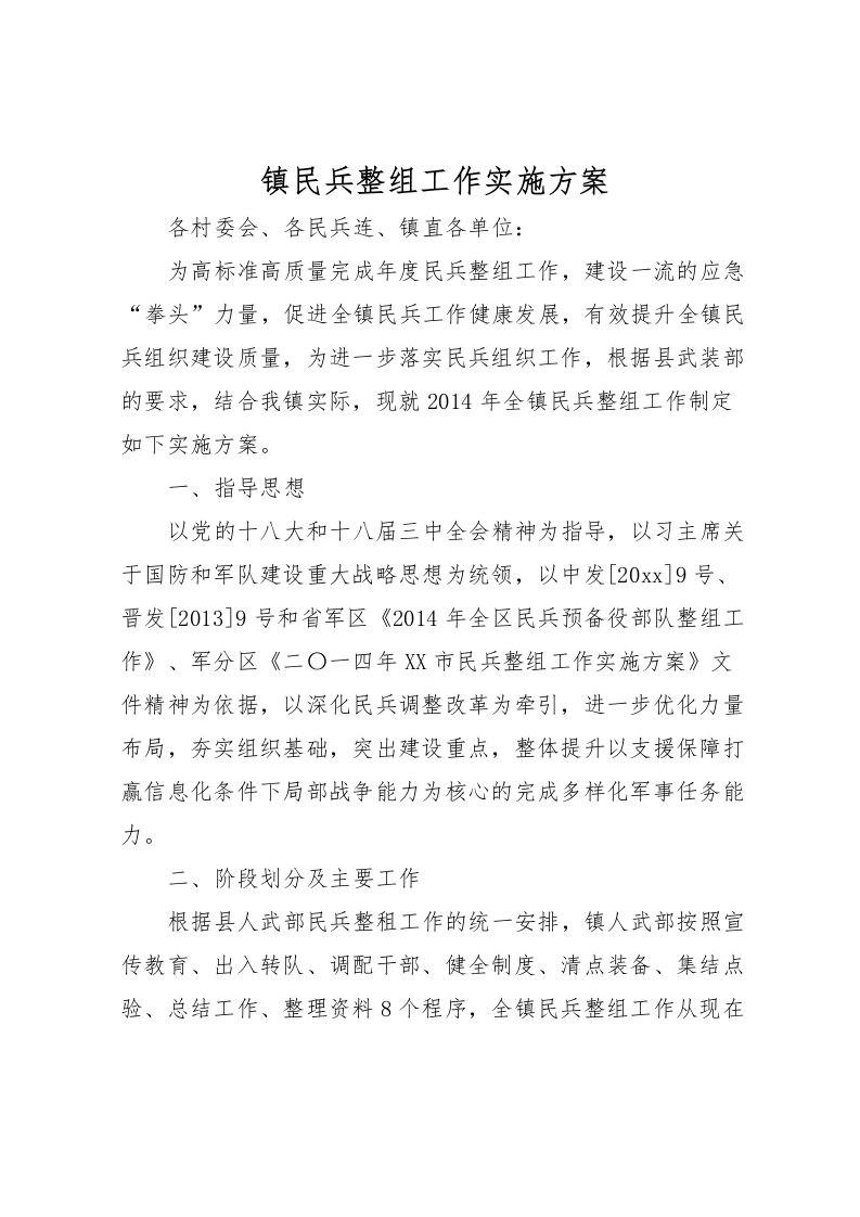 2022年镇民兵整组工作实施方案