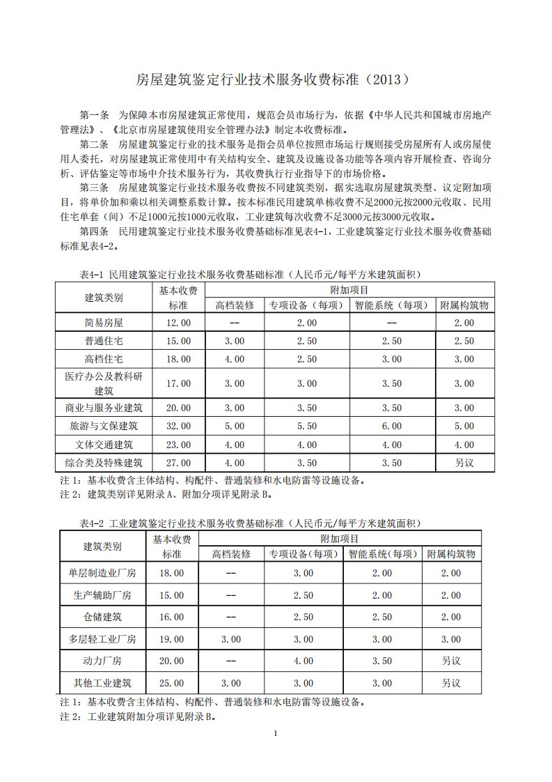 房屋建筑鉴定行业技术服务收费标准