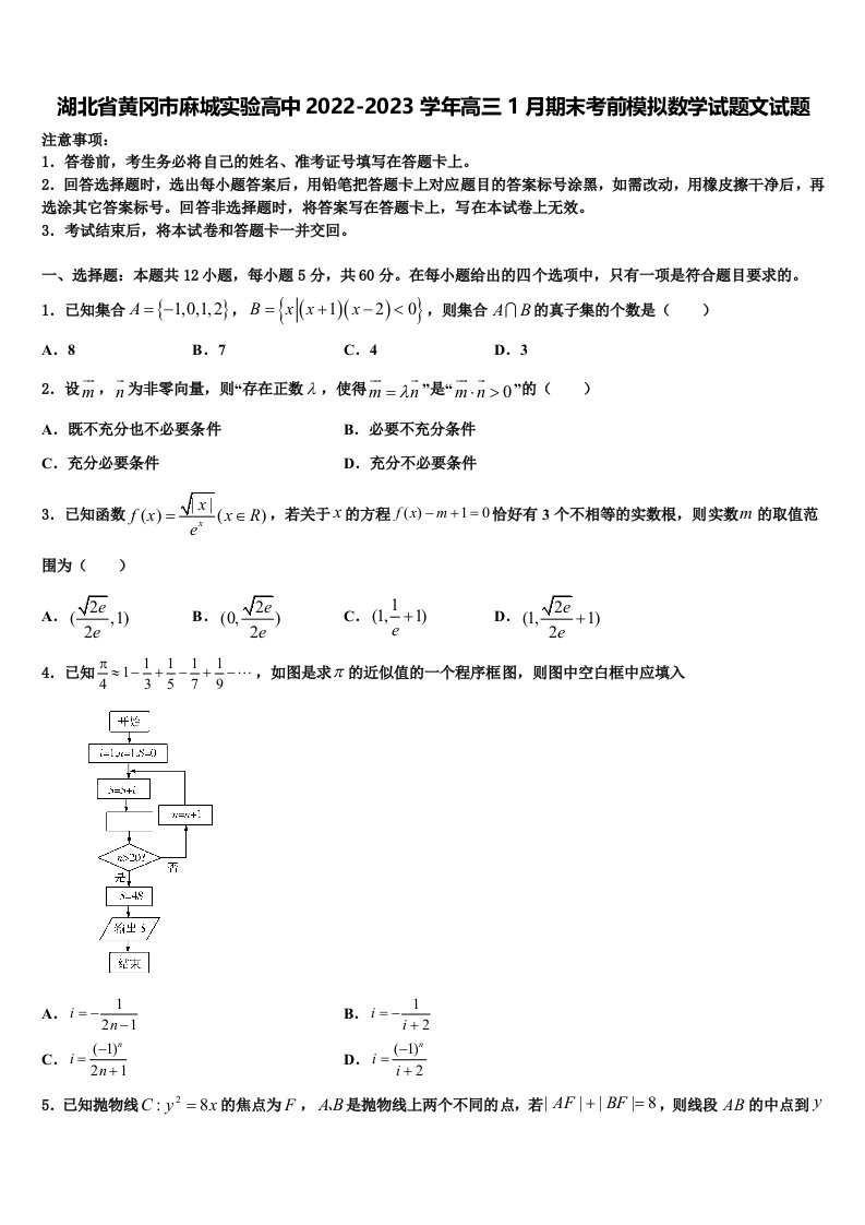 湖北省黄冈市麻城实验高中2022-2023学年高三1月期末考前模拟数学试题文试题含解析