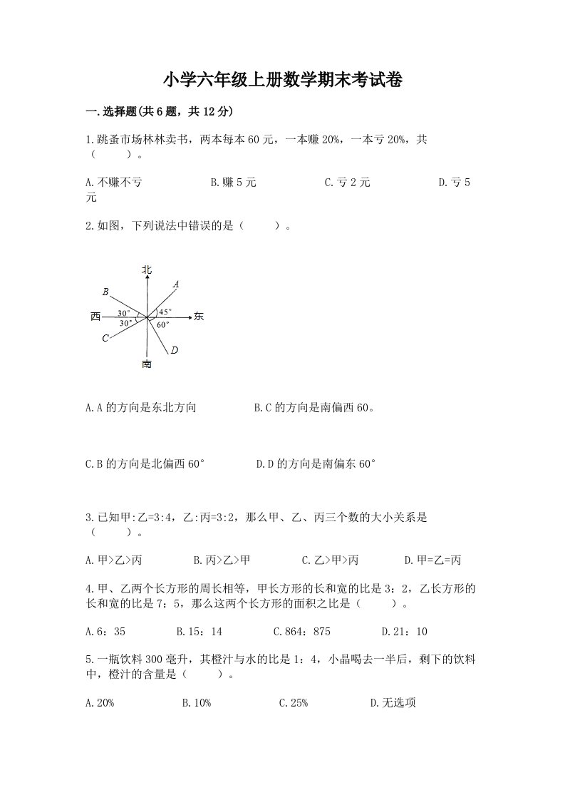 小学六年级上册数学期末考试卷【夺冠系列】