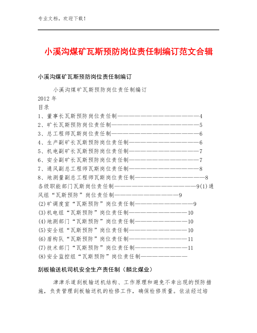 小溪沟煤矿瓦斯预防岗位责任制编订范文合辑