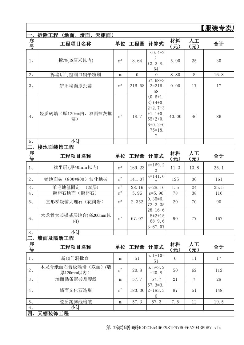 施工组织-专卖店预算表