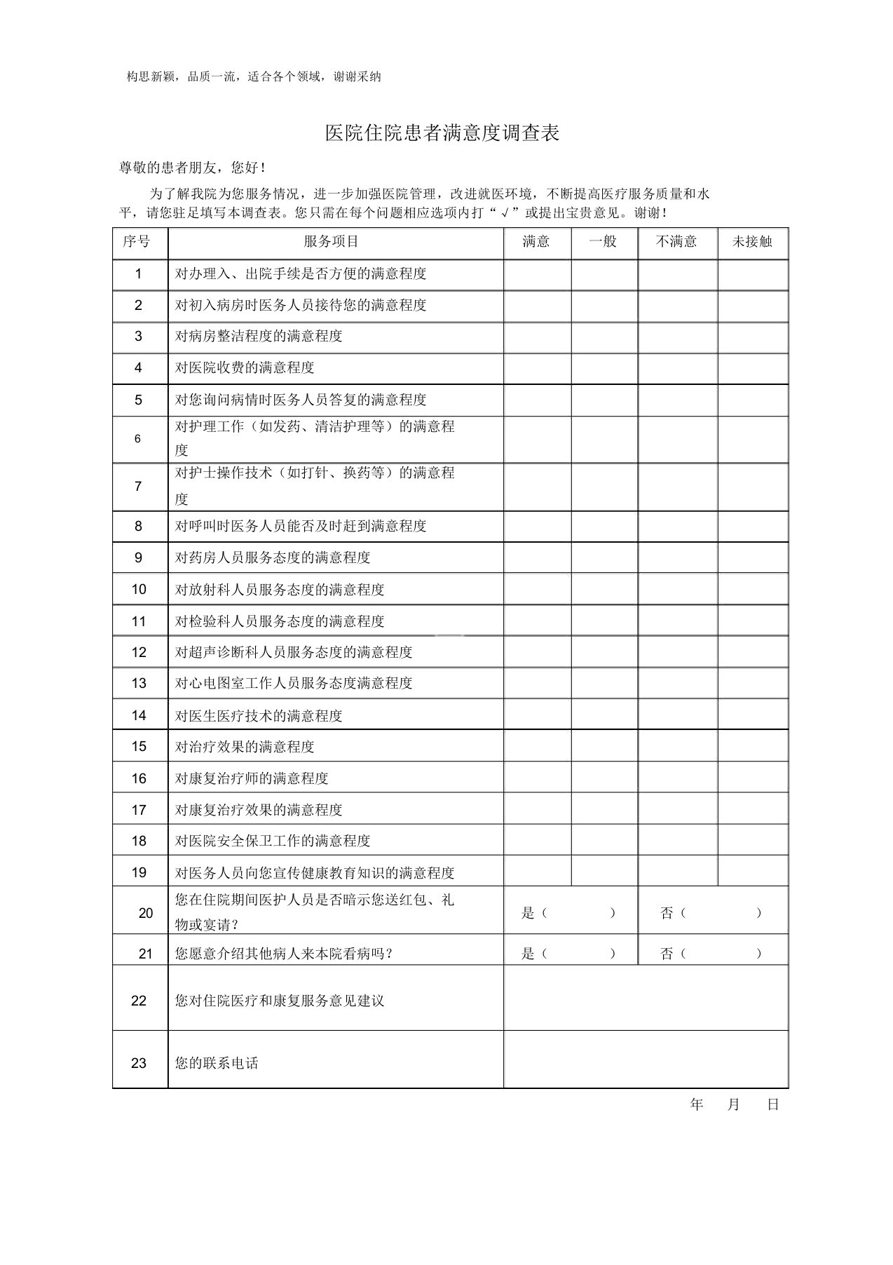 医院住院患者满意度调查标准表格范例