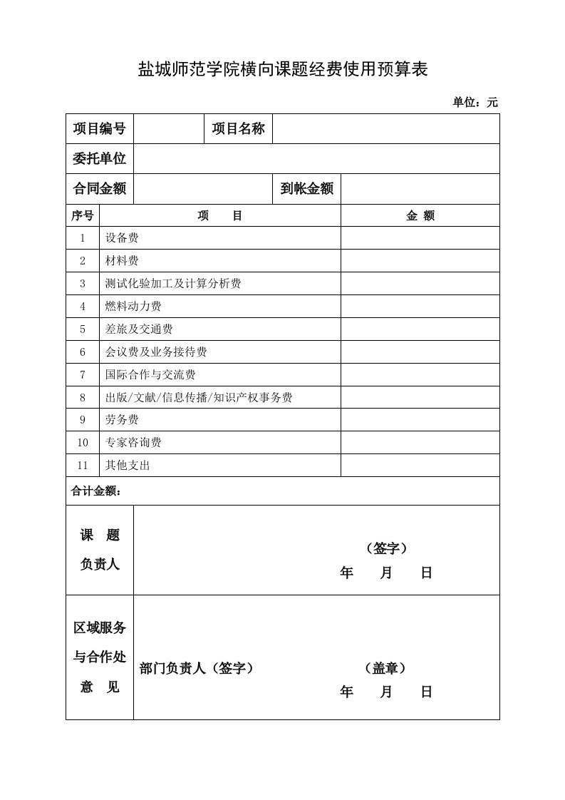 盐城师范学院横向课题经费使用预算表