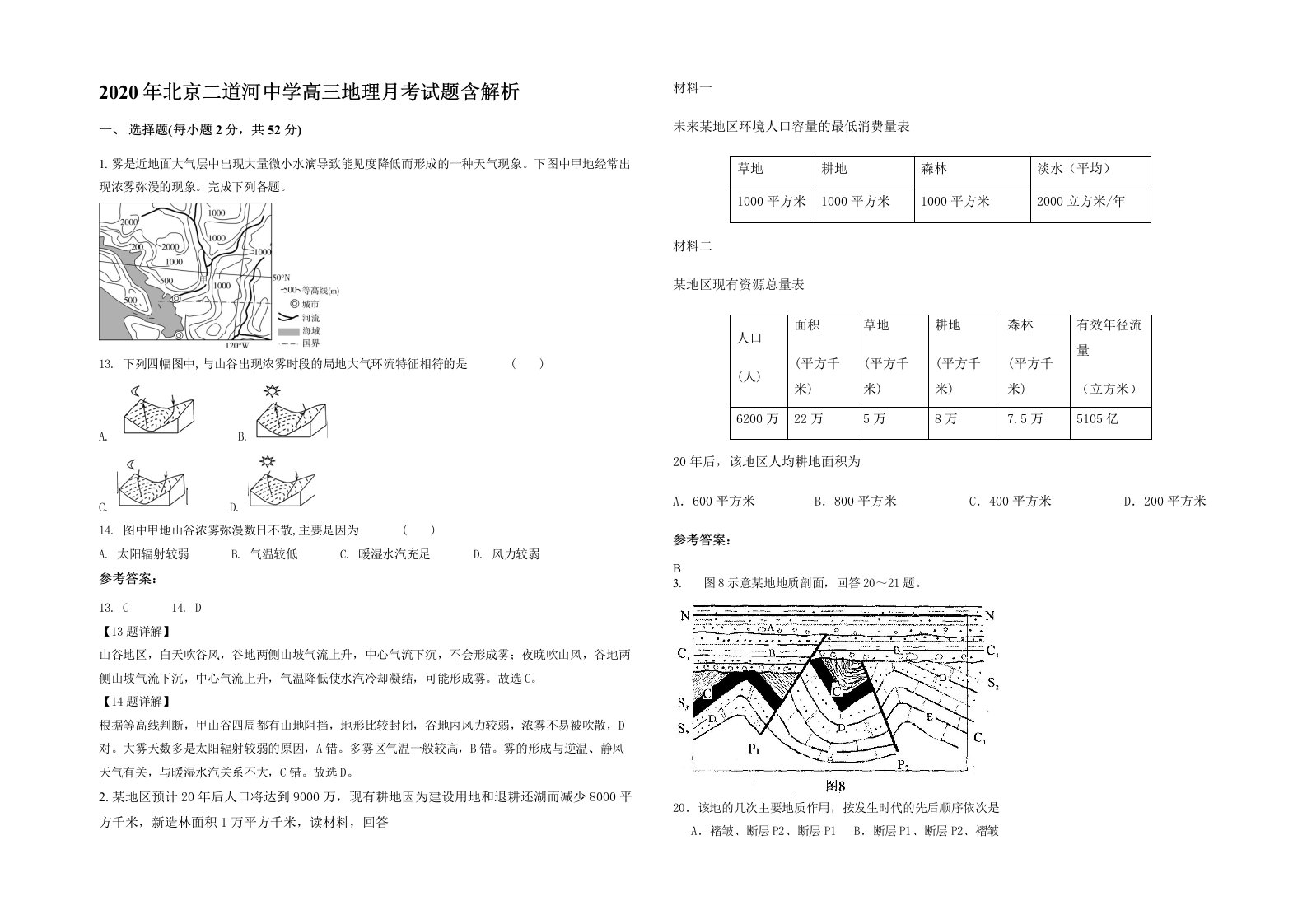 2020年北京二道河中学高三地理月考试题含解析