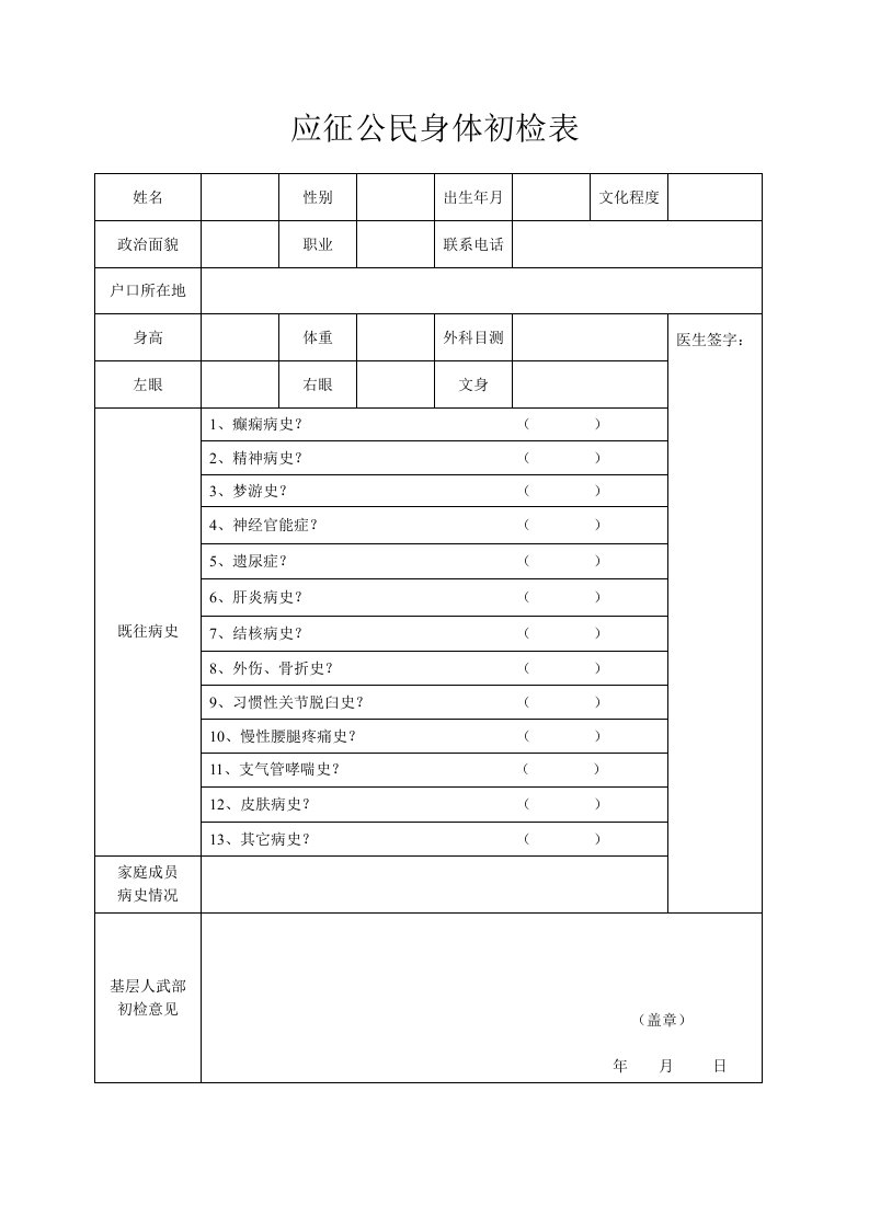 2015年应征公民身体初检表