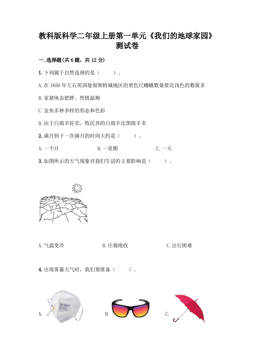 教科版科学二年级上册第一单元《我们的地球家园》测试卷-精品(名校卷)