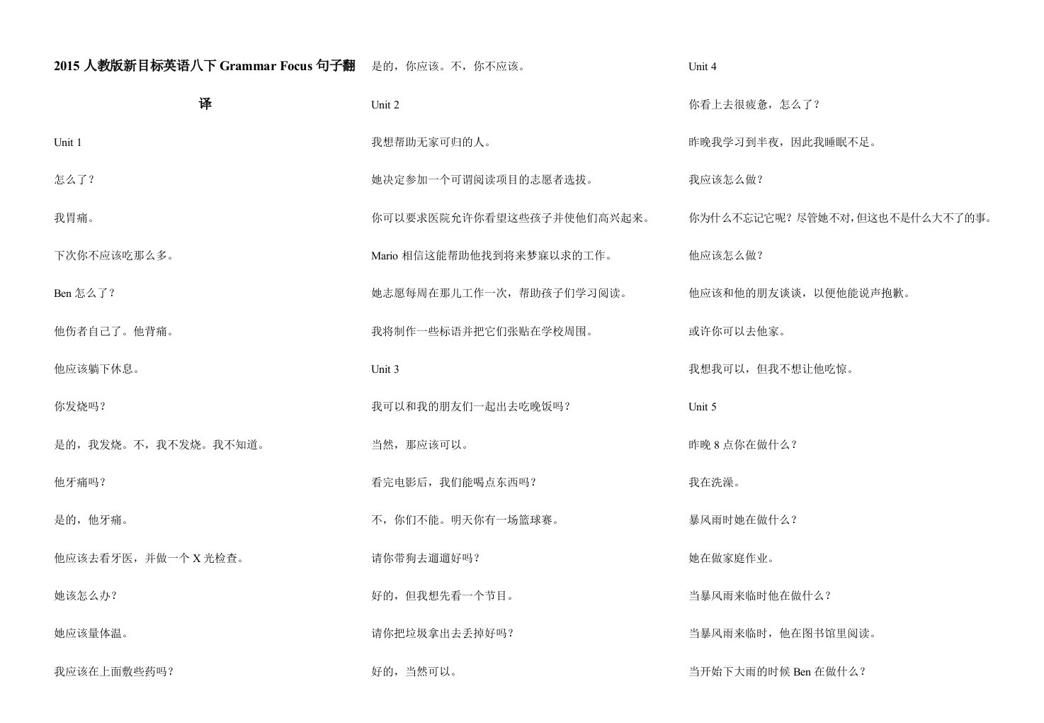 人教版新目标英语八年级下册Grammar-Focus翻译