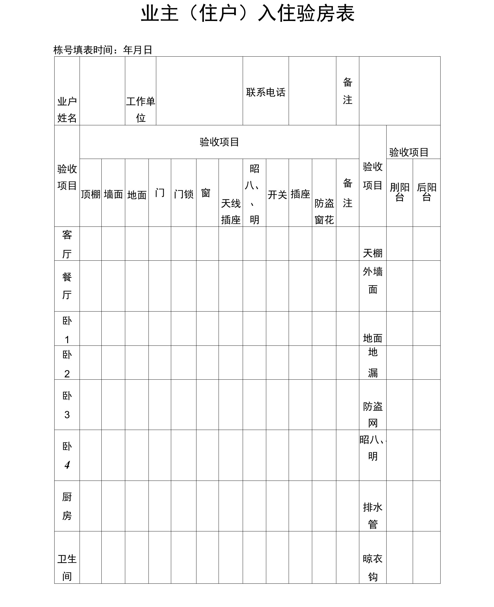 业主入住验房表模板范文