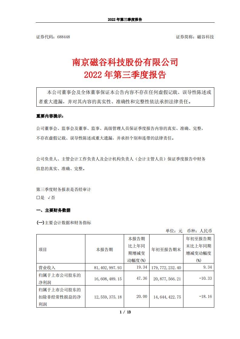 上交所-南京磁谷科技股份有限公司2022年第三季度报告-20221030