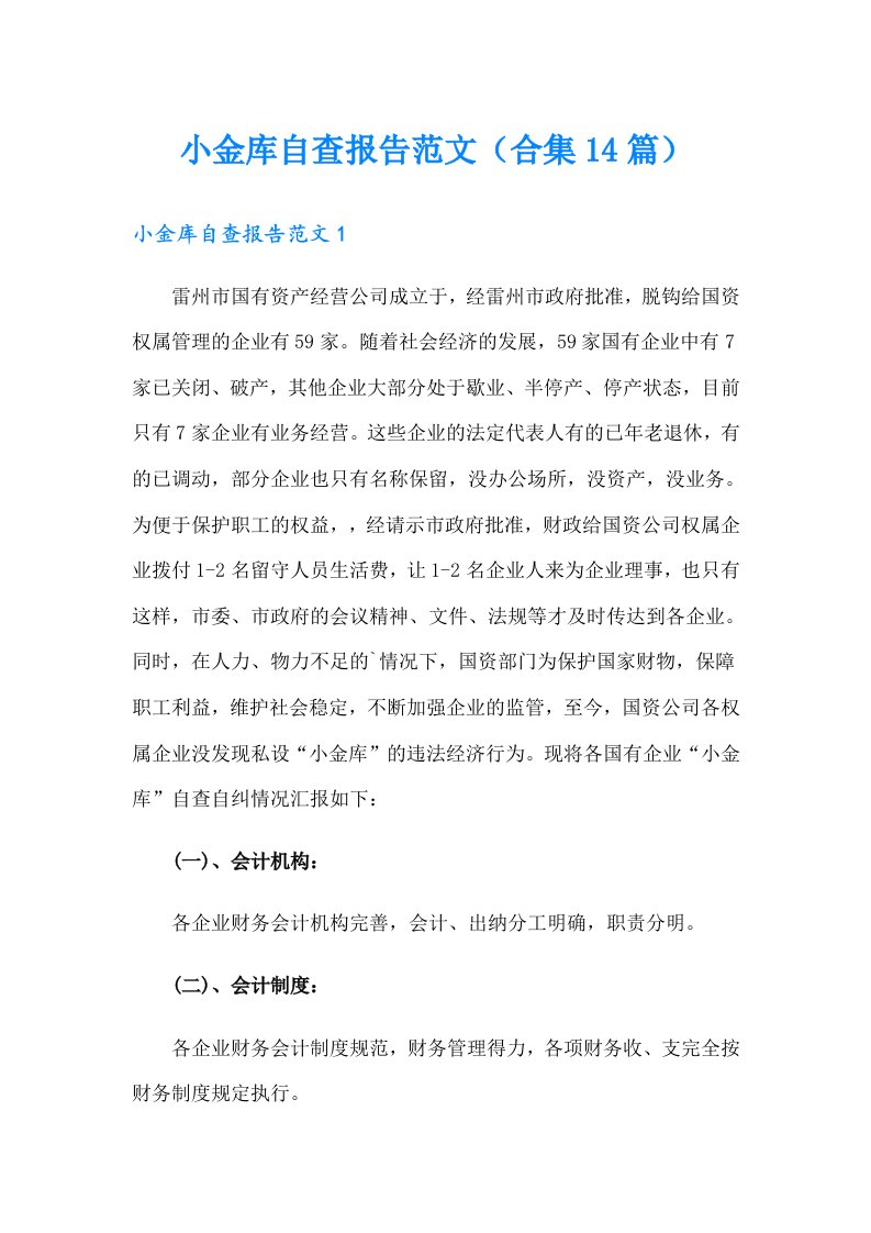 小金库自查报告范文（合集14篇）