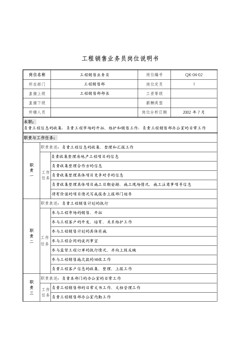 乾坤木业公司工程销售业务员岗位说明书