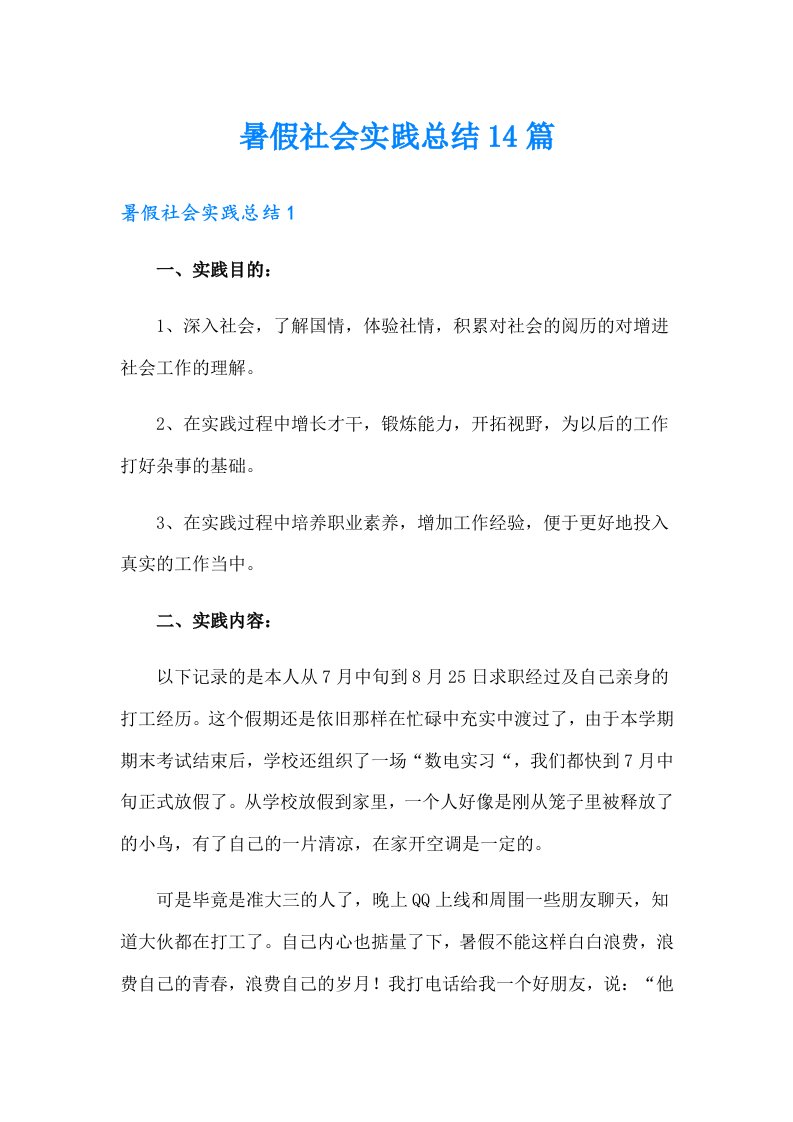 暑假社会实践总结14篇