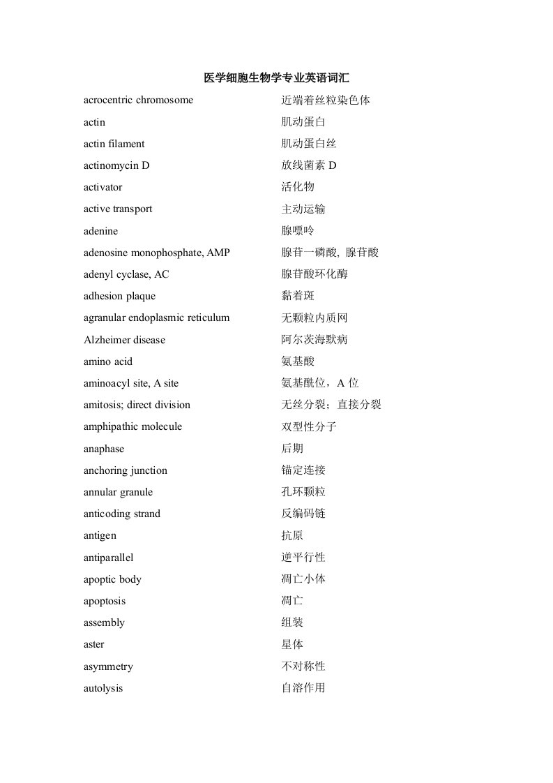 生物科技-医学细胞生物学英文词汇翻译