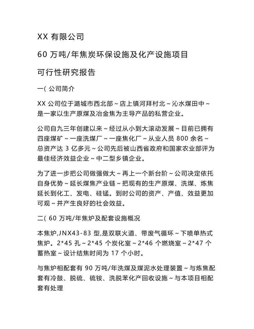 60万吨年焦炭环保设施及化产设施项目可行性研究报告