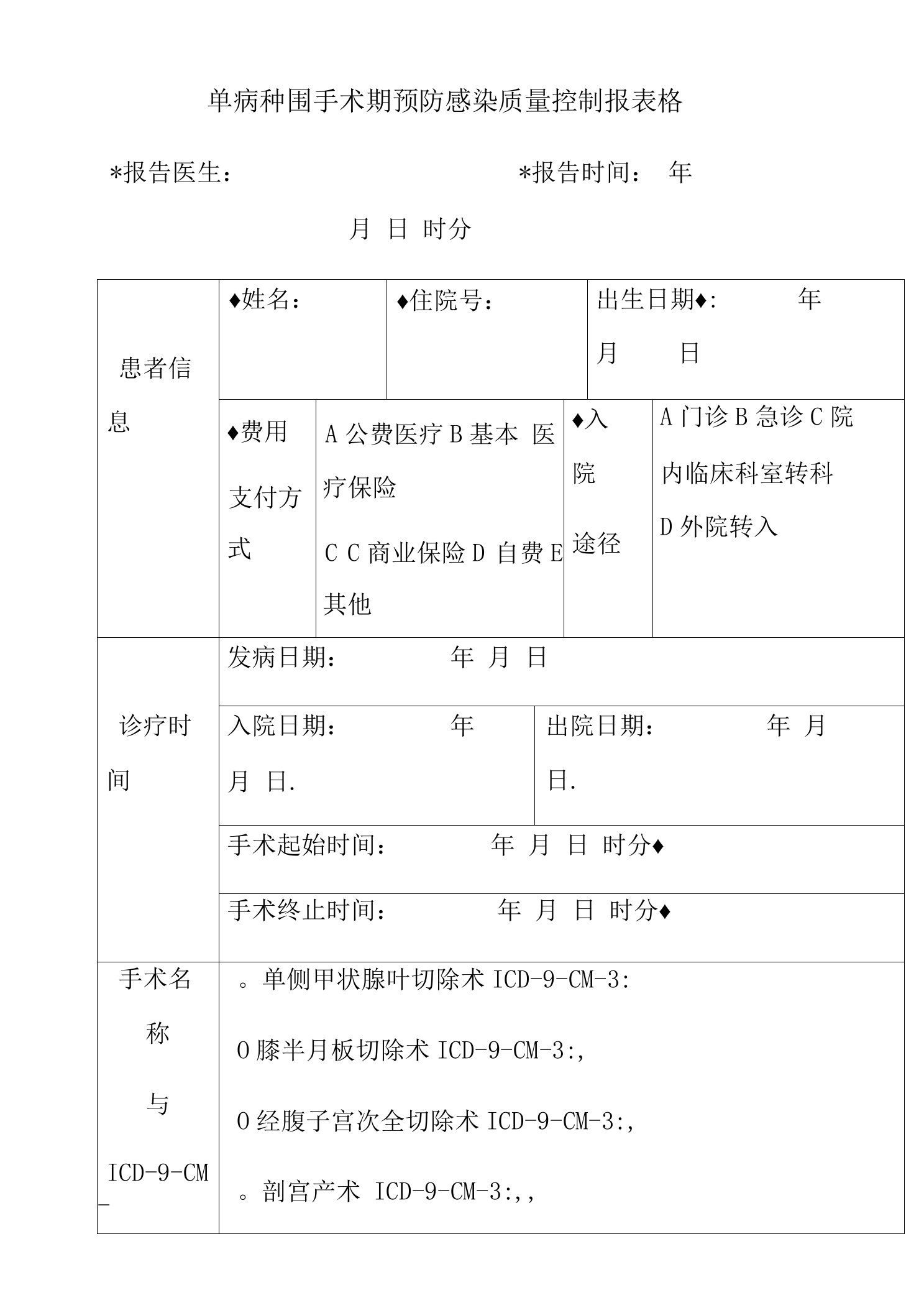 单病种围手术期预防感染质量控制报表格